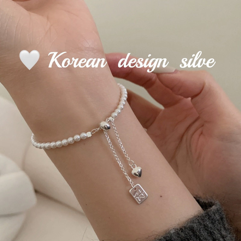 韩版小众设计饰品 S925纯银3m珍珠精巧爱心抽拉手链 简约高级感女