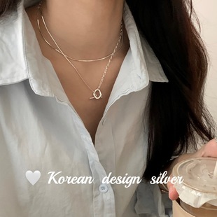 韩国小众设计S925纯银双层多种戴法clane毛衣链项链拼接ot扣长款