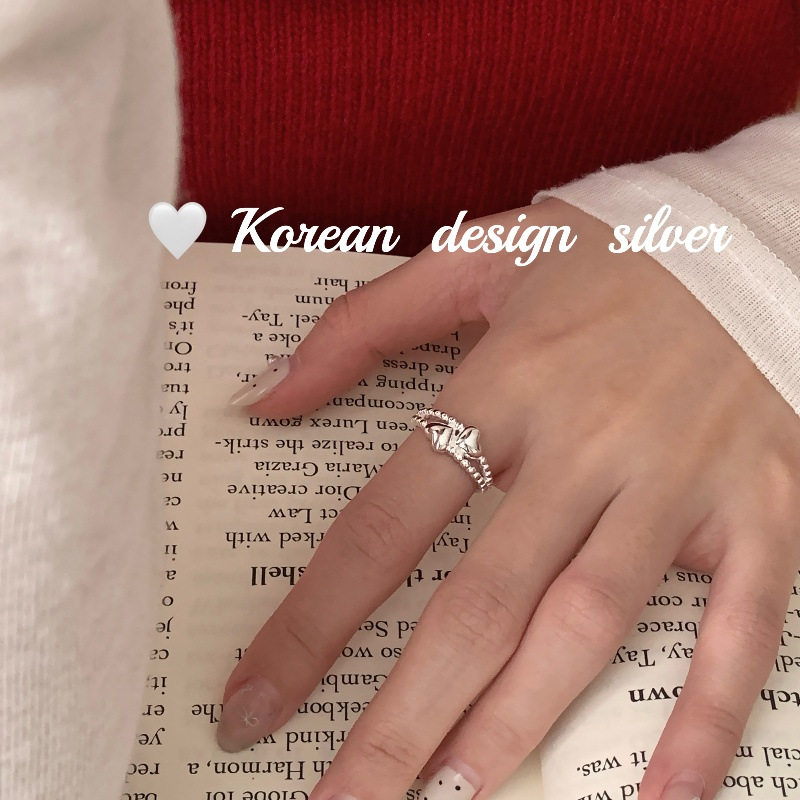 韩国ins博主同款银饰品 S925纯银爱心对错双层戒指叠戴气质指环女