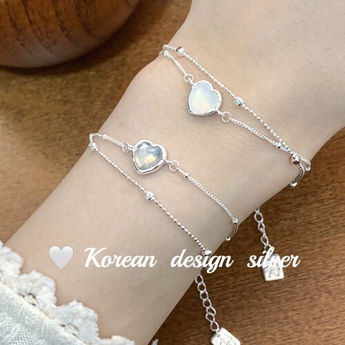 韩国东大门网红档口银饰品 S925纯银爱心形双层月光石手链女
