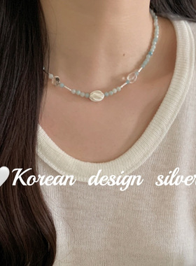 韩国ins博主同款银饰品 S925纯银切面海蓝宝透明水晶项链叠戴高级