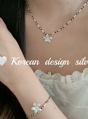 韩国东大门银饰品批发S925纯银黑玛瑙竹节拼接肌理感花花项链