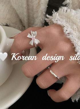 韩国南大门银饰品 S925纯银蝴蝶结拉丝粉钻戒指开口可调节指环女