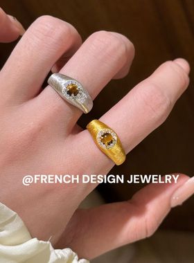 超美复古高级感饰品S925纯银布契风拉丝镶钻虎眼石戒指轻奢优雅款