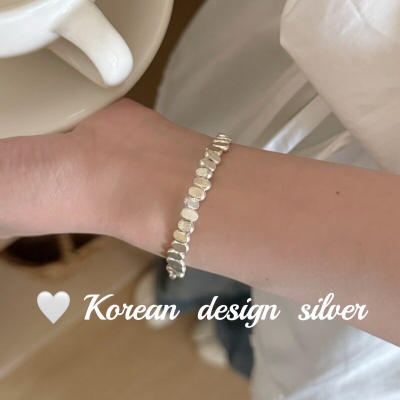 泰国小众设计清迈手工饰品 S925泰银 复古椭圆片片拼接素手链百搭