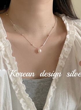 韩版ins风小众设计银饰品 S925纯银气质天然珍珠项链叠戴高级