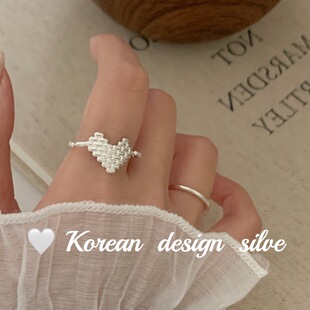 韩系简约小众设计银饰 S925纯银编织爱心抽拉可调节戒指高级感ins