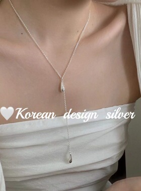 韩国ins小众简约亮银饰品 S925纯银简约水滴流苏项链秋冬款毛衣链