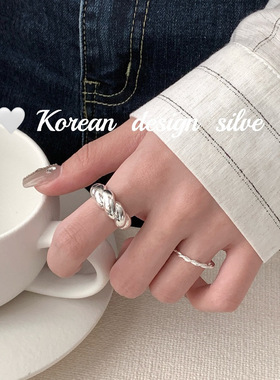 韩国ins风个性简约银饰品 S925纯银光面麻花卷戒指叠戴开口指环女