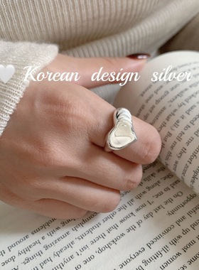 韩国重工亮面银饰品 S925纯银爱心形开口可调节戒指 叠戴指环女