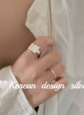 韩国重工小众设计亮面银饰 S925纯银方形饼干戒指 开口可调节叠