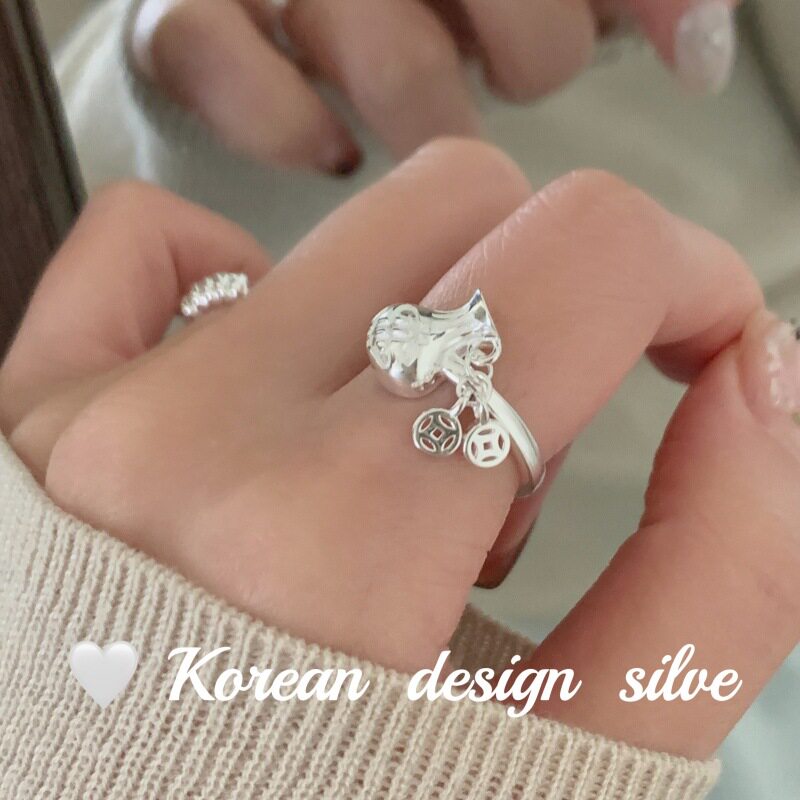 韩国亮银轻奢饰品 S925纯银开口精巧铜钱福袋戒指可调节时尚女指