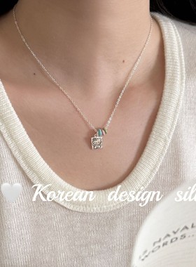 韩系ins风设计银饰 S925纯银多巴胺涂鸦凯蒂猫方牌粉绿蓝滴釉项链