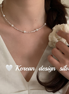 韩国东大门银饰品 S925纯银珍珠碎银拼接项链女叠戴百搭Ins风