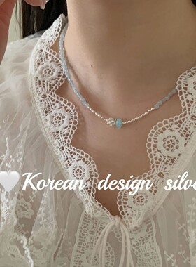 韩版2025款ins风设计饰品S925纯银 海蓝宝银珠项链叠戴简约高级感