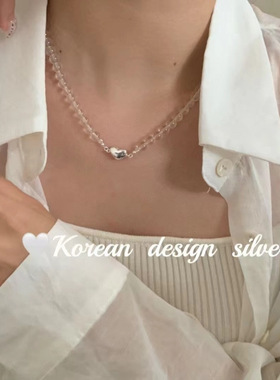 韩国东大门手工银饰S925纯银简约透明水晶爱心元宝扣项链小众