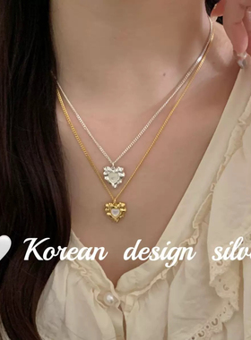 韩国设计亮银饰品 S925纯银不规则爱心项链高级感锁骨链叠戴ins风