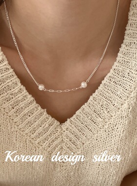 韩国东大门银饰批发 S925纯银微笑珍珠侧身项链 简约小众设计ins