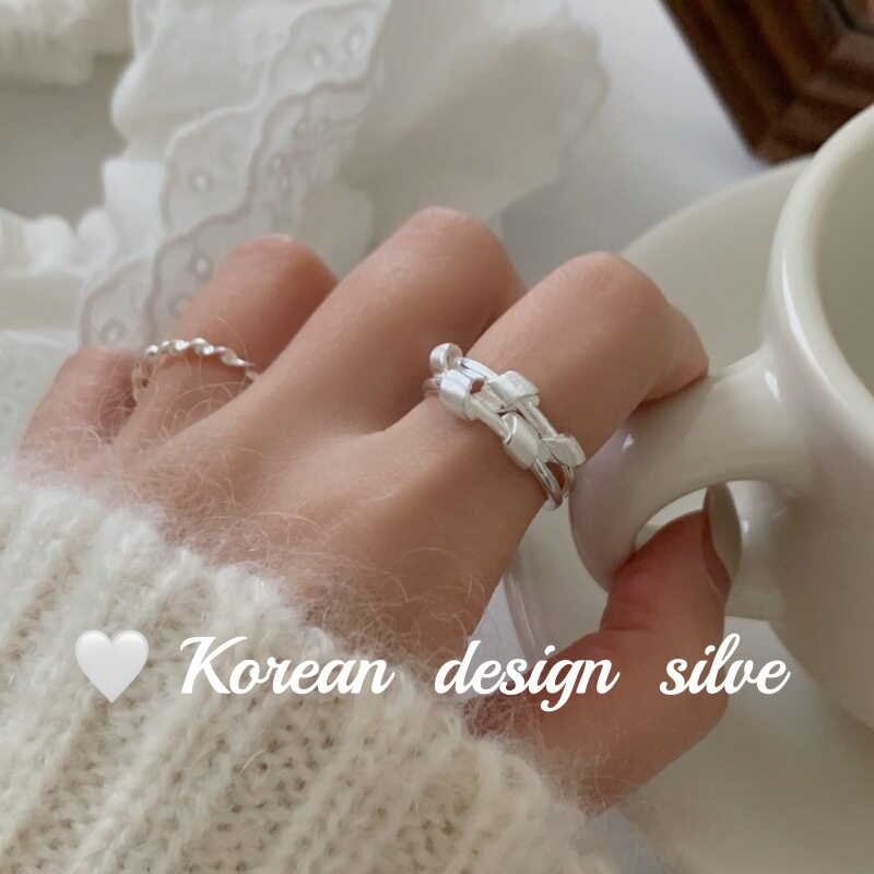 韩版小众ins风设计银饰品 925纯银双层拉丝麻花戒指性冷淡风简约