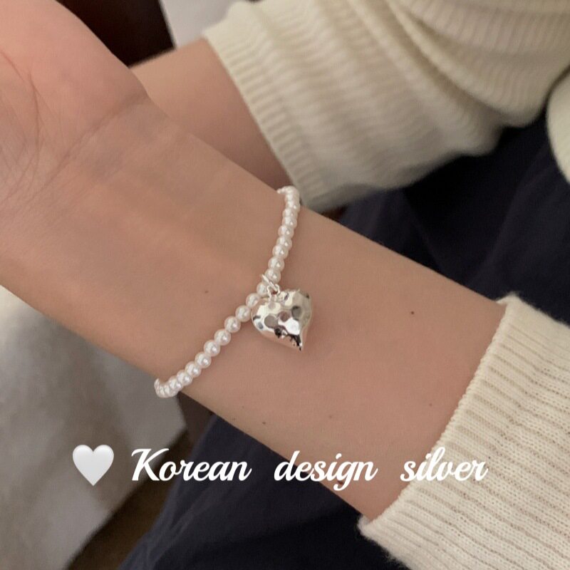 韩版轻奢小众设计手工两面光手链 S925纯银珍珠敲面爱心手链女款