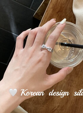 韩国重工亮银饰品 S925纯银蝴蝶结LOVE英文开口可调节指环 小众女