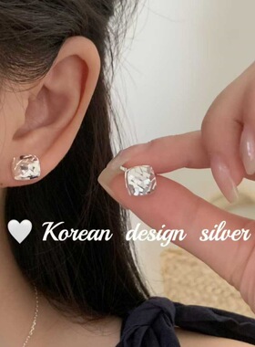 韩国ins博主同款银饰品 S925纯银 方形碎冰冰耳钉超闪个性小众款