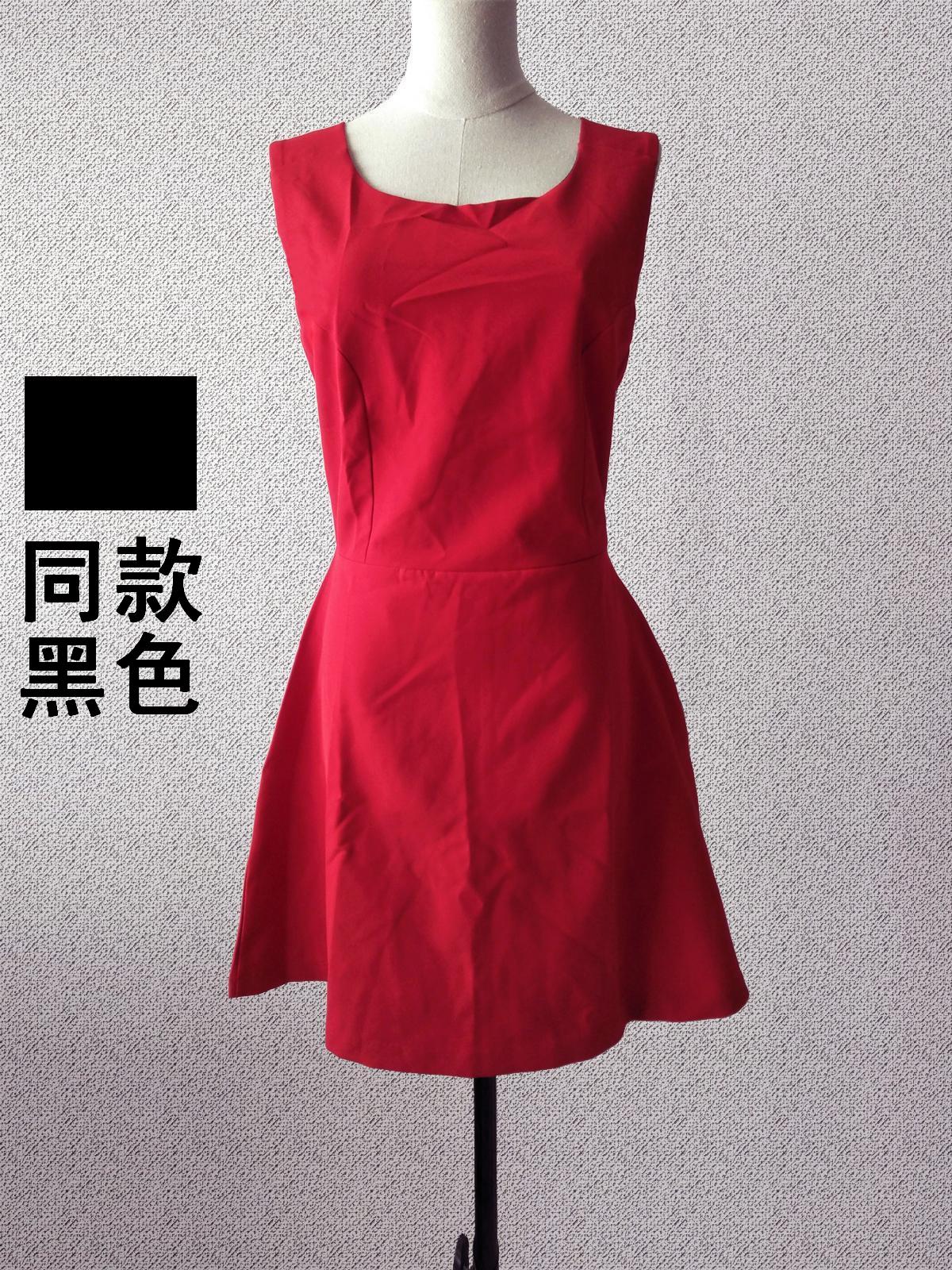 连衣裙女春秋a字修身中长款背心裙无袖露背带系带赫本风红色黑色