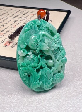 天然玉石国之翡翠独山玉挂件凤凰牡丹吊坠花开富贵玉佩玉坠满绿色