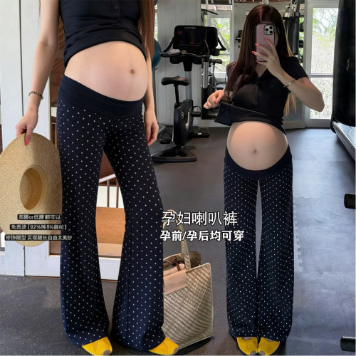 孕妇套装休闲微喇波点孕妇拖地裤+双层木耳边小飞袖正肩孕妇T恤