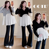 2026春款 孕妇上衣休闲孕妇托腹裤 孕妇装 简约V领设计感压褶娃娃衫