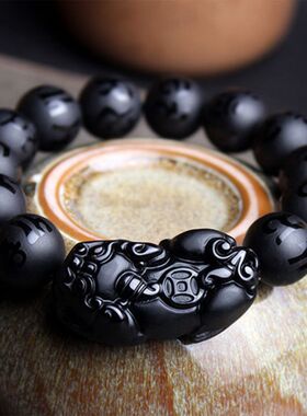 黑曜石手链一钱貔貅搭配黑玛瑙磨砂六字箴言男女款手串