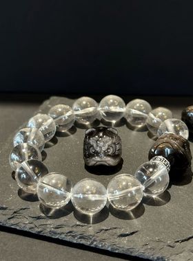 新款天然银耀石醒狮手串仿白水晶搭配黑醒狮DIY设计手串霸气复古