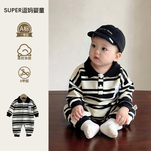 婴儿秋季连体衣宝宝衣服秋装韩版帅气Polo领休闲外出服周岁服春秋