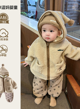 小宝宝韩系穿搭冬款婴儿颗粒绒毛毛衣可爱洋气休闲加绒裤分体套装