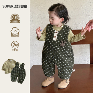 1岁男宝衣服痞帅风秋冬款韩版时尚洋气婴儿加厚背带裤打底两件套