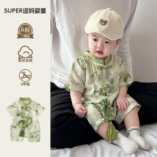小月龄宝宝衣服夏季新中式盘扣连体衣洋气婴幼儿汉服唐装短袖爬服