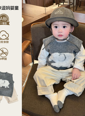 宝宝外穿马甲超萌韩系男宝衣服春装婴儿针织背心2026新款套头毛衣