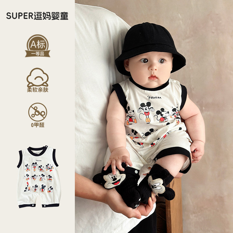 婴儿衣服夏薄款男宝a类可爱爬服韩版洋气无袖连体衣满月百天外出图片