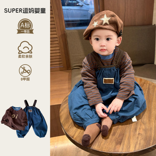 婴儿裤子春秋款男宝外穿裤时尚韩版洋气婴幼儿撞色背带裤套装周岁