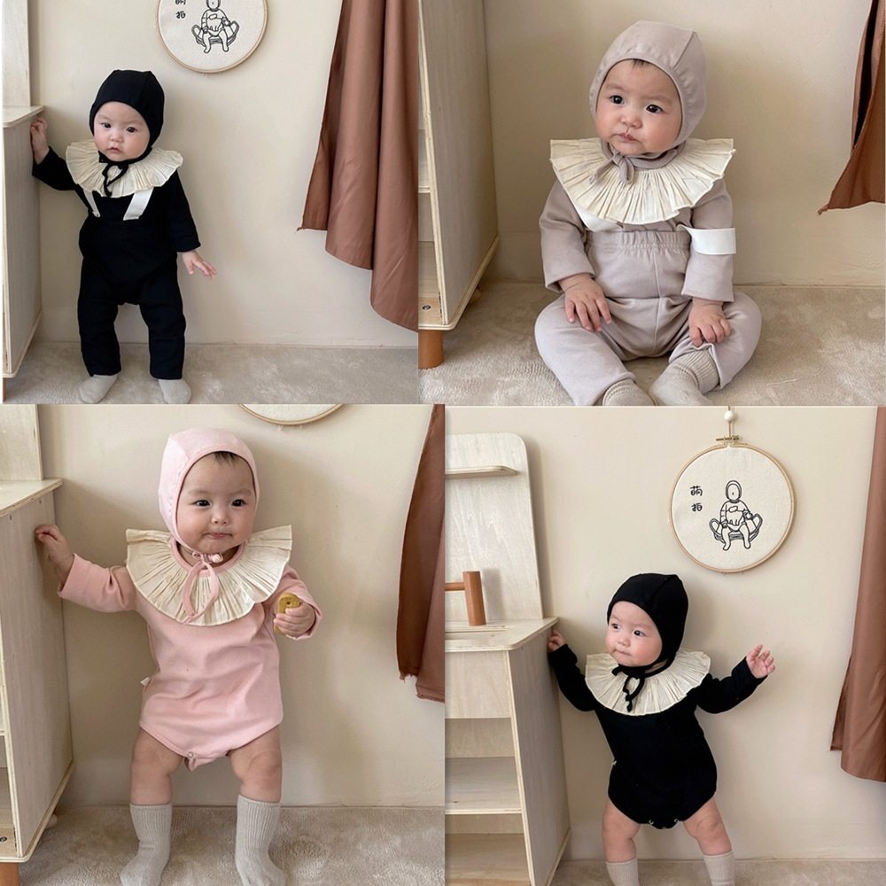 韩风婴童韩版ins秋秋背带三件套男女宝宝三角爬服背带裤帽子套装