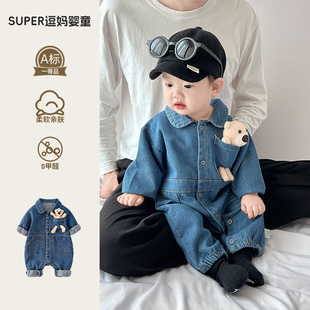 超洋气婴儿哈衣春百天宝宝衣服春季新款韩版帅气男宝牛仔连体爬服