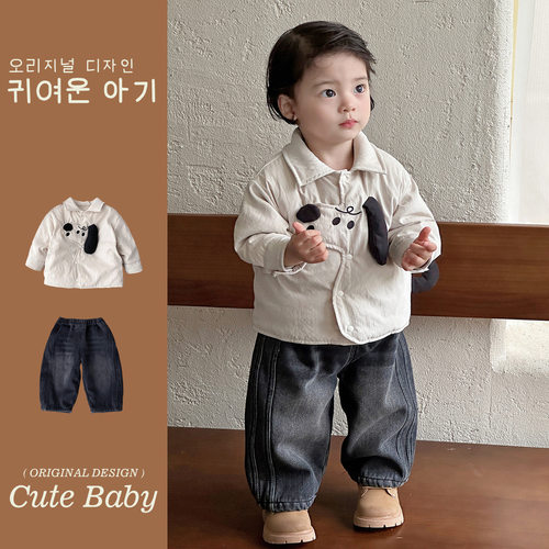 婴儿洋气小套装秋冬小月龄宝宝衣服冬装超萌韩系夹棉外套加绒裤潮