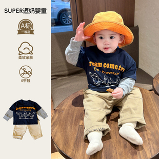宝宝开春上衣超萌婴儿服韩版洋气休闲风假两件长袖T恤春秋款百搭