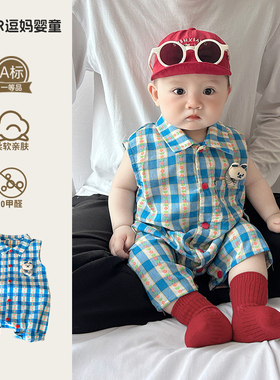 韩系婴儿装宝宝衣服夏装超萌卡通洋气婴幼儿无袖短爬满月百天夏款
