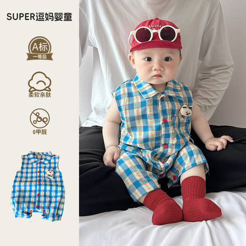 韩系婴儿装宝宝衣服夏装超萌卡通洋气婴幼儿无袖短爬满月百天夏款