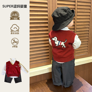 红色毛衣婴儿衣服春装超好看宝宝针织马甲套头上衣韩版洋气外出服