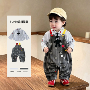 宝宝早秋套装时尚韩范洋气男宝衬衫背带裤两件套秋季新款外出服潮