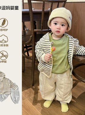 宝宝衣服春秋套装男宝帅气时髦休闲装百搭开衫T恤卫裤分体三件套
