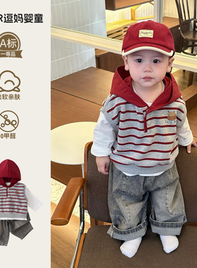一岁宝宝衣服春装时尚韩版洋气男宝分体套装春款外出马甲三件套潮