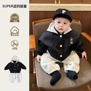 婴儿洋气小冬装套装分体潮帅气时髦男宝夹棉韩版休闲加绒裤周岁服